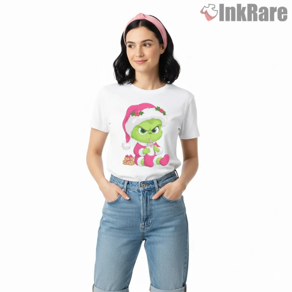 Cute Baby Grinch Pink Christmas Pajama Shirt on white short sleeve shirt for women graphic tee