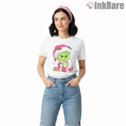Cute Baby Grinch Pink Christmas Pajama Shirt on white short sleeve shirt for women graphic tee