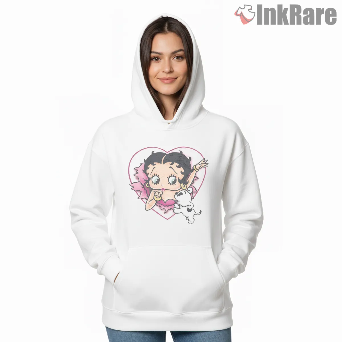 Cute Betty Boop Heart And Puppy Hug Shirt on white hoodie for women graphic tee