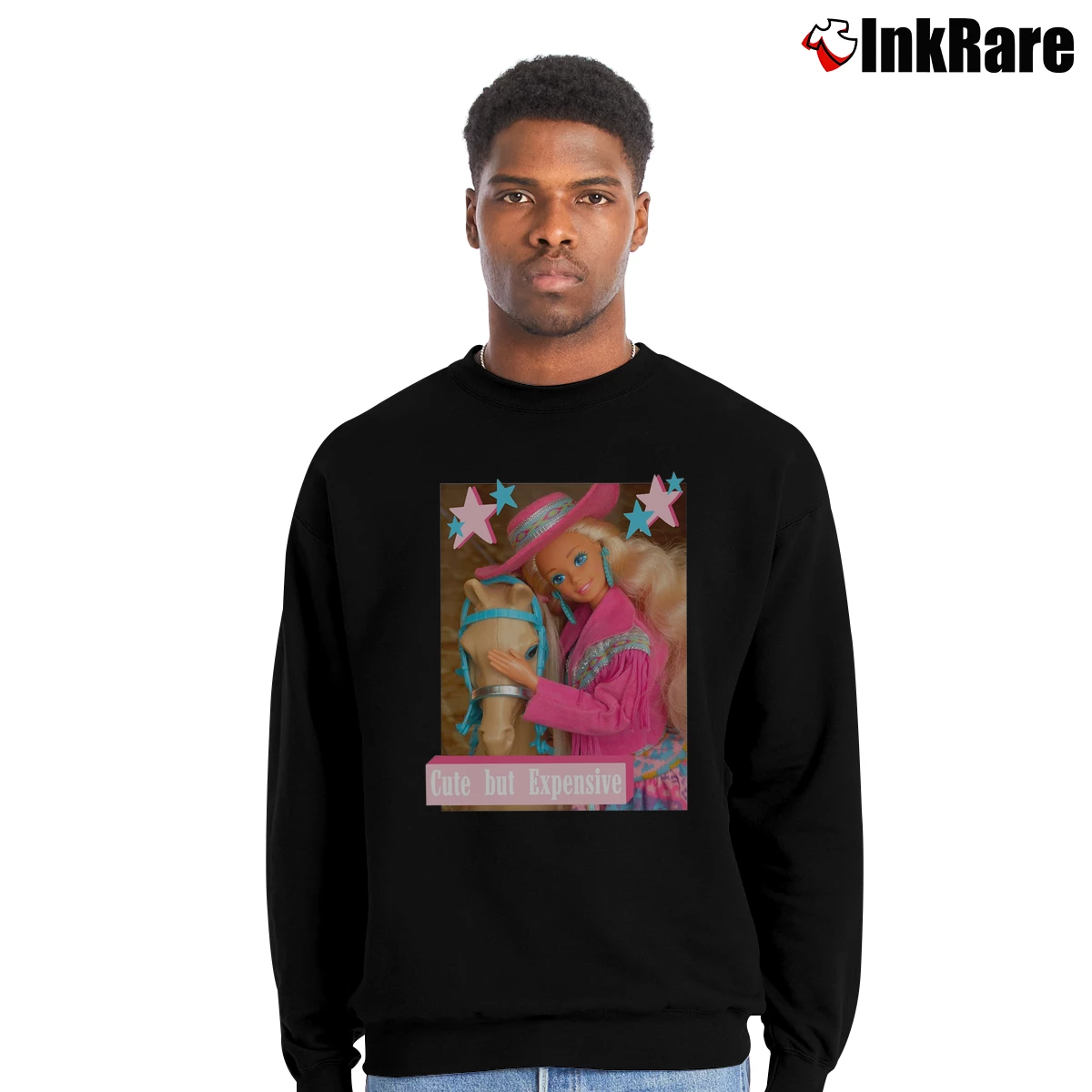 Men’s Cute But Expensive Barbie Crewneck Sweatshirt in black | Cozy Fabric, Clean Style
