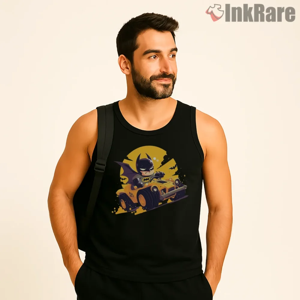 Cute Chibi Batmobile Rider Batman Shirt on black tank top for men graphic tee
