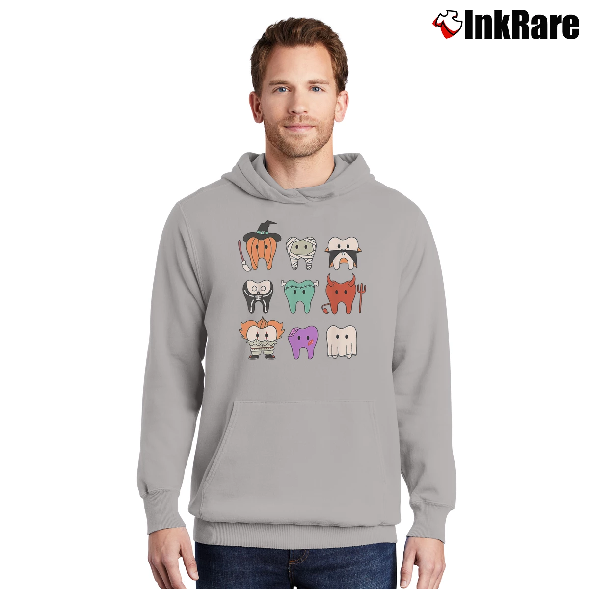 Men’s Cute Dental Hygiene Monsters Teeth Squad Halloween Pullover Hoodie in sport grey | Cozy, Durable, Modern Fit
