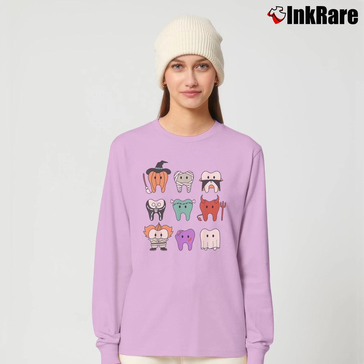 Women’s Cute Dental Hygiene Monsters Teeth Squad Halloween Long-Sleeve Top in light pink | Sleek, Versatile, All-Season