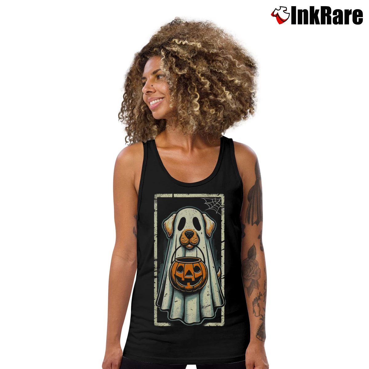 Women’s Cute Ghost Dog Halloween Funny Tank Top in black | Lightweight, Movement-Friendly