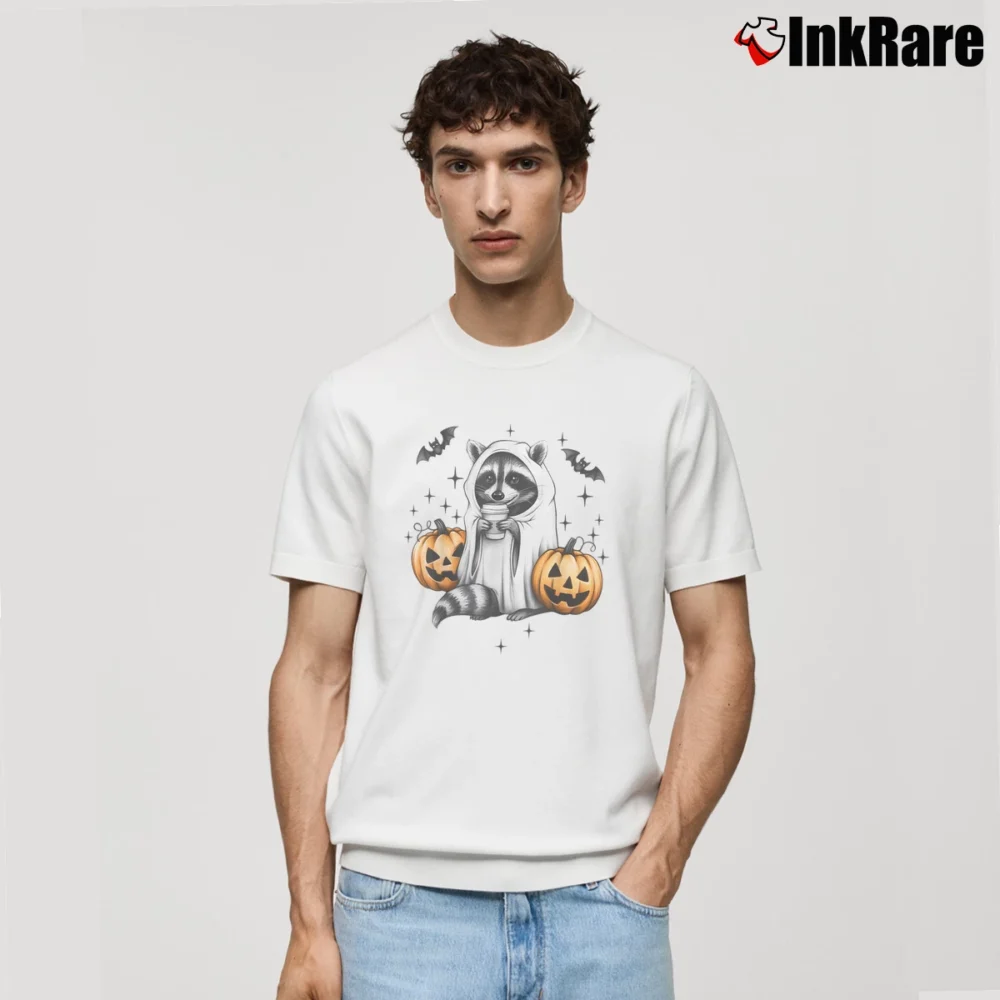 Men’s Cute Ghost Raccoon Pumpkin Halloween Classic T-Shirt in white | Soft, Breathable Everyday Wear