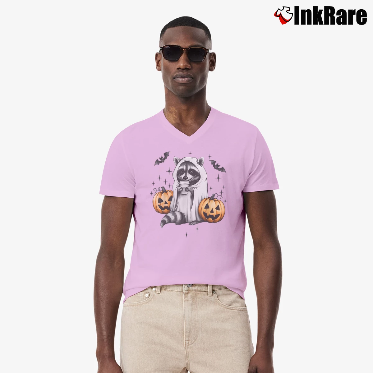 Men’s Cute Ghost Raccoon Pumpkin Halloween V-Neck Tee in light pink | Sharp, Breathable, Everyday Staple
