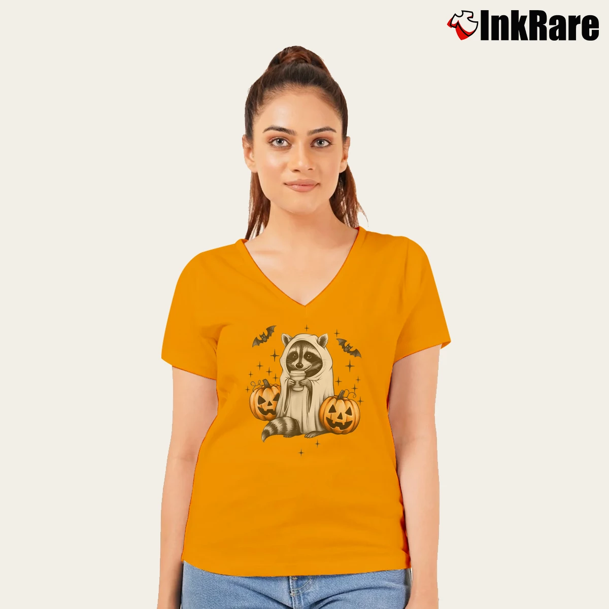 Women’s Cute Ghost Raccoon Pumpkin Halloween V-Neck Tee in orange | Chic Neckline, Soft Texture