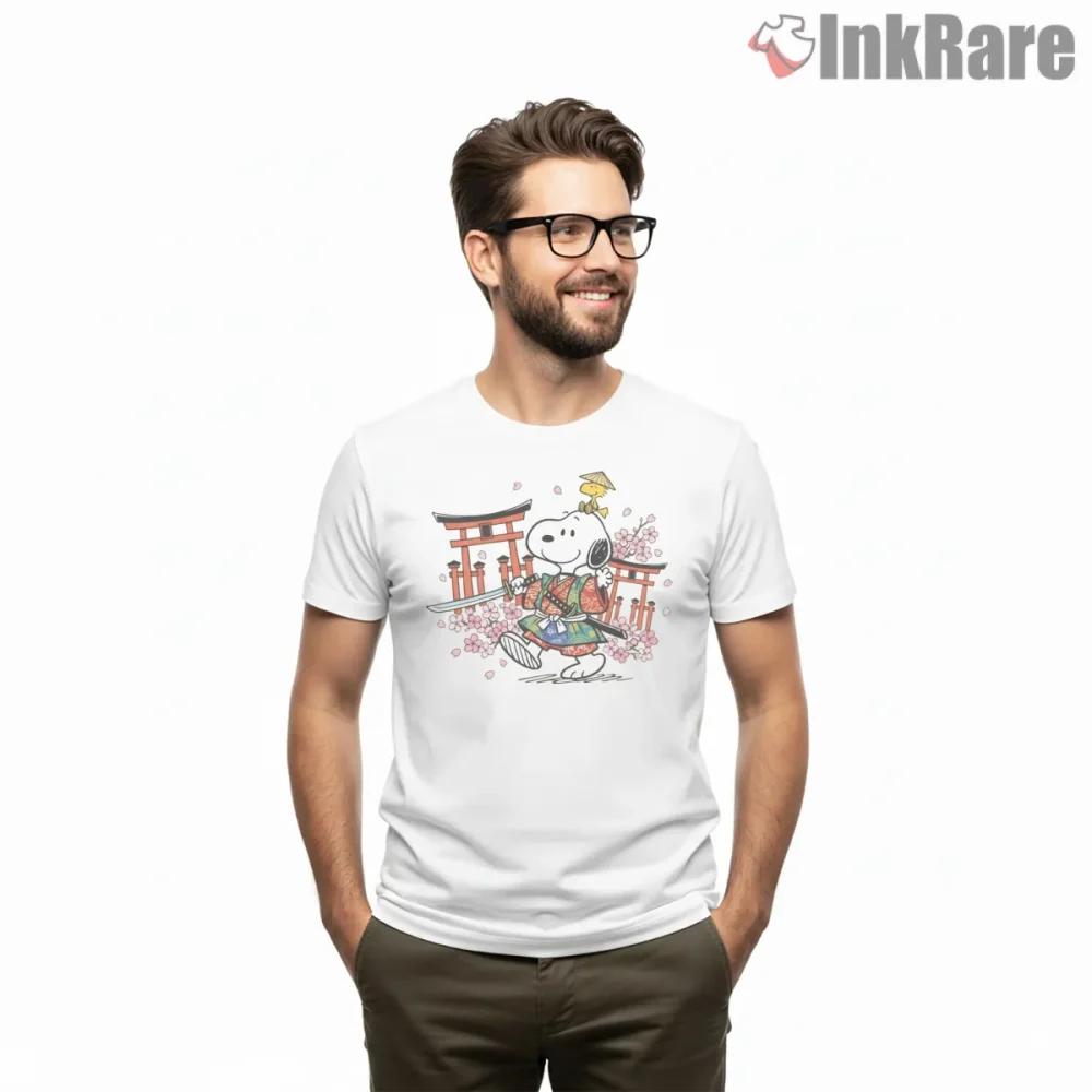 Cute Japanese Samurai Snoopy Shirt on white short sleeve shirt for men graphic tee