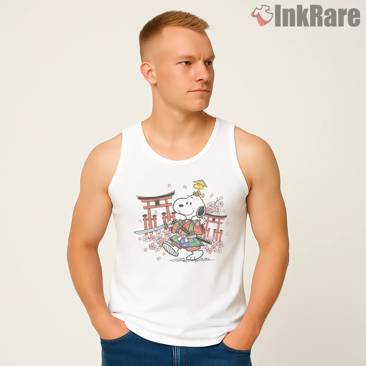 Cute Japanese Samurai Snoopy Shirt on white tank top for men graphic tee