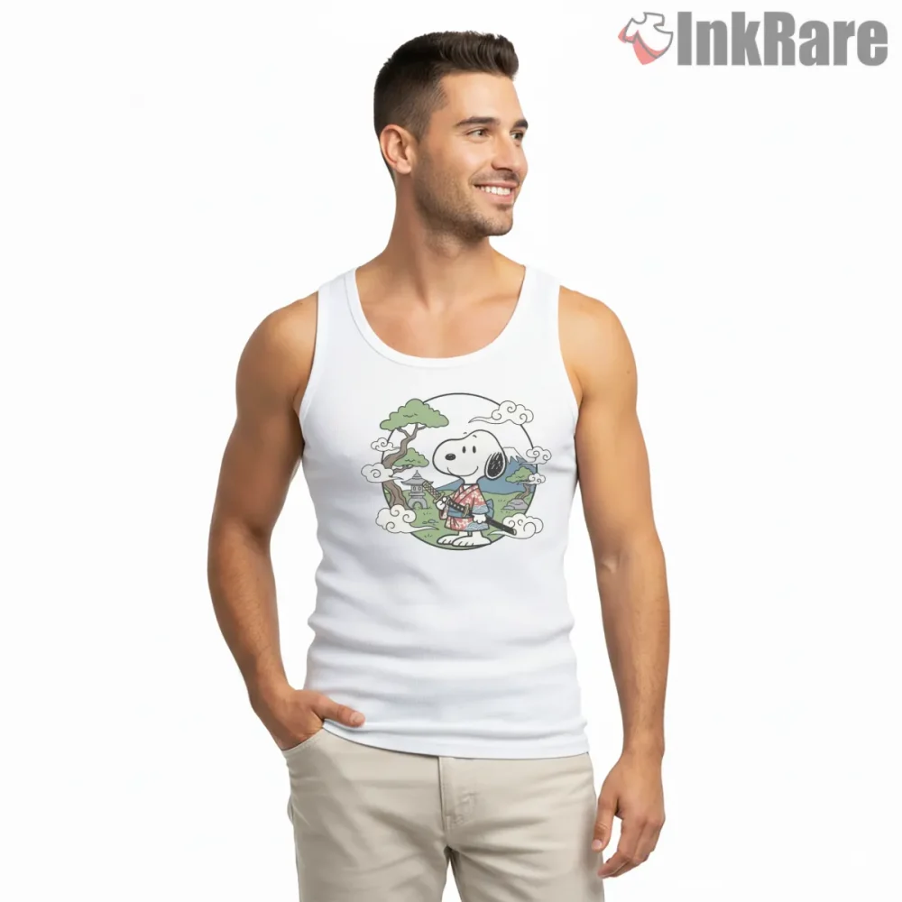 Cute Japanese Samurai Snoopy Warrior Shirt on white tank top for men graphic tee