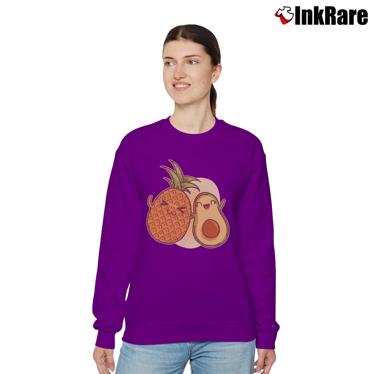 Women’s Cute Kawaii Pineapple Avocado Relaxed Sweatshirt in purple | Soft, Laid-Back Vibe