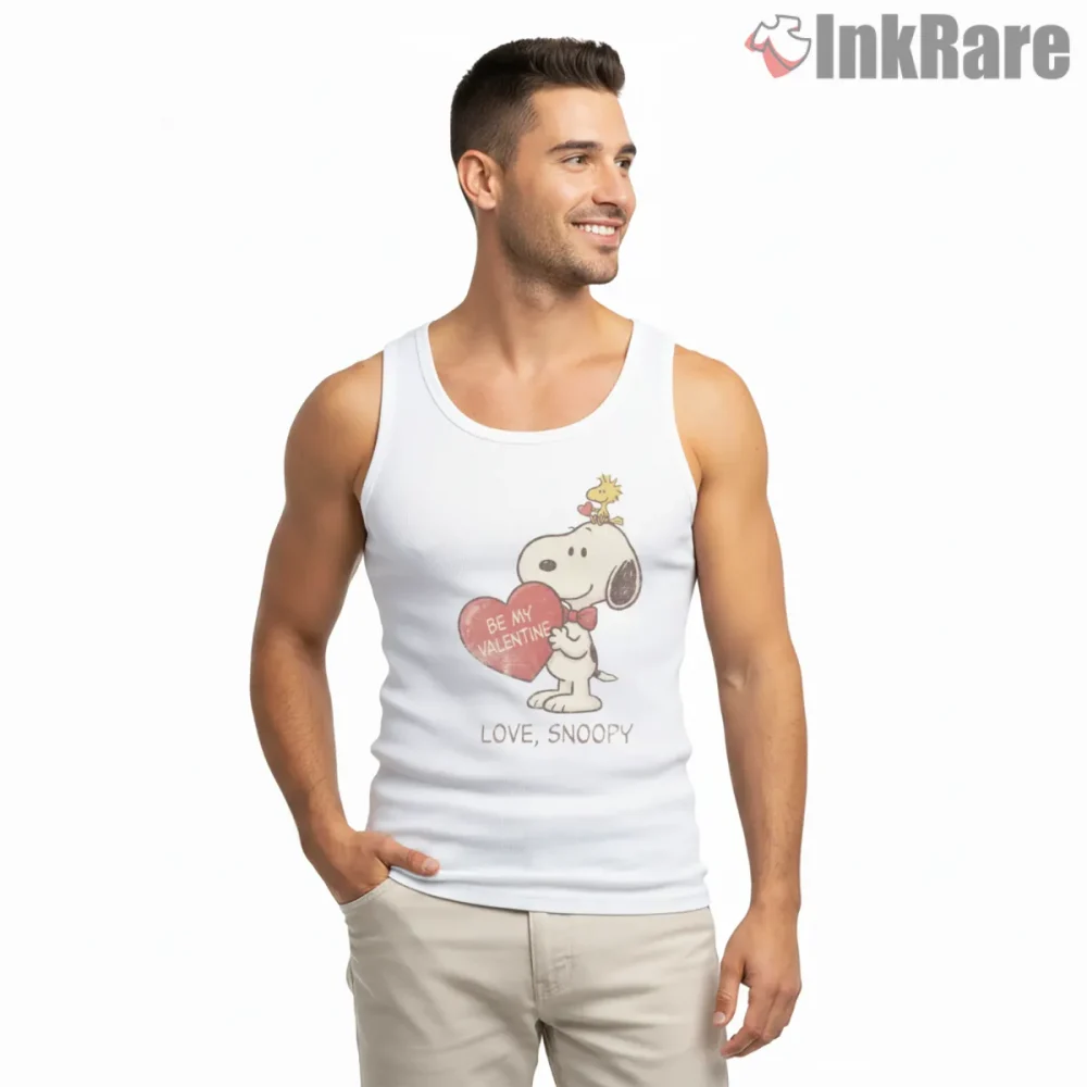 Cute Snoopy Be My Valentine Heart Shirt on white tank top for men graphic tee