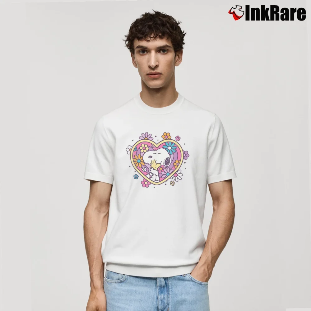 Men’s cute snoopy hug heart and flowers Classic T-Shirt in white | Soft, Breathable Everyday Wear