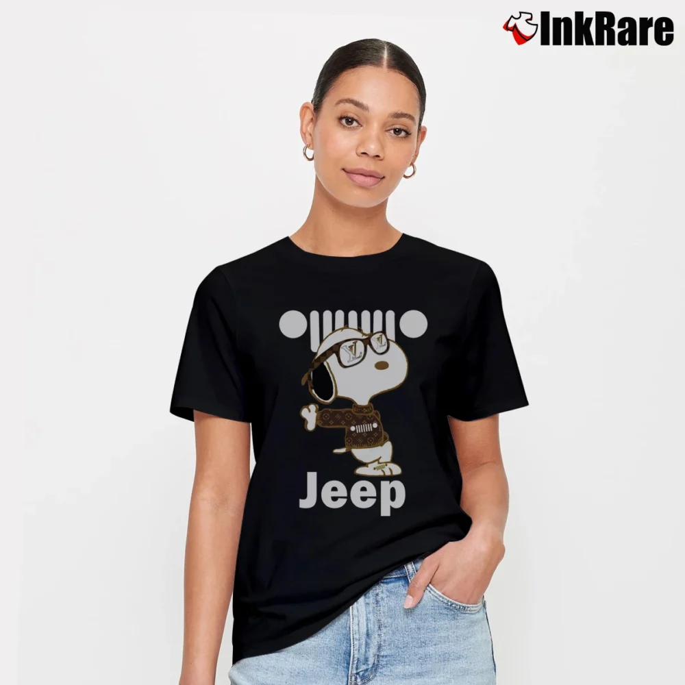 Women’s Cute Snoopy With Jeep Signature T-Shirt in black | Soft, Flattering Fit