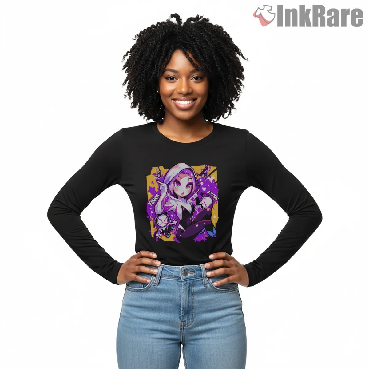 Cute Spider Gwen Chibi Comic Style Long Sleeve Black Cute Spider Gwen Chibi Comic Style Shirt on black long sleeve shirt for women graphic tee