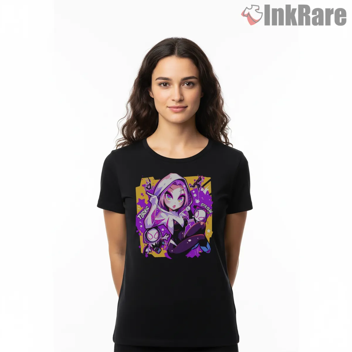 Cute Spider Gwen Chibi Comic Style Shirt on black short sleeve shirt for women graphic tee