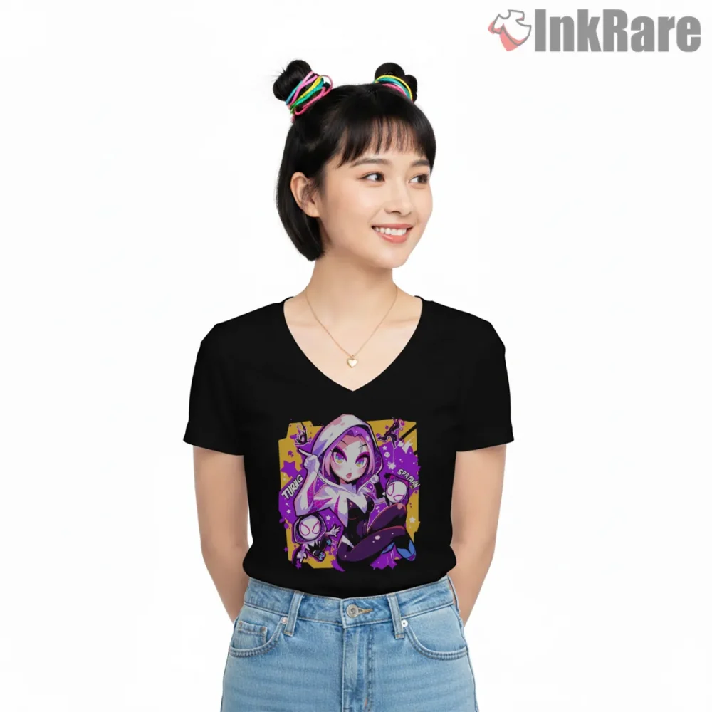Cute Spider Gwen Chibi Comic Style Shirt on black v-neck shirt for women graphic tee