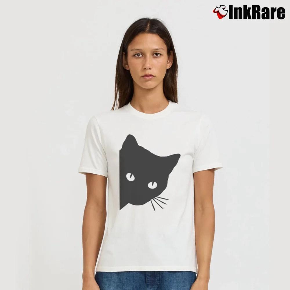 Women’s Cute Spy Cat Cat Mom Funny Graphic Signature T-Shirt in white | Soft, Flattering Fit
