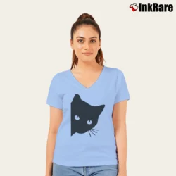 Women’s Cute Spy Cat Cat Mom Funny Graphic V-Neck Tee in light blue | Chic Neckline, Soft Texture