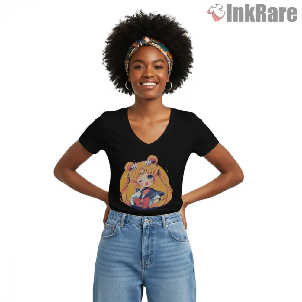 Cute Winking Magical Girl Chibi Shirt on black v-neck shirt for women graphic tee