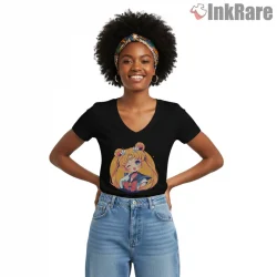 Cute Winking Magical Girl Chibi Shirt on black v-neck shirt for women graphic tee