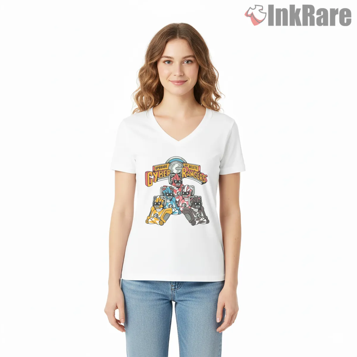 Cyber Rangers Futuristic Robot Team Shirt on white v-neck shirt for women graphic tee