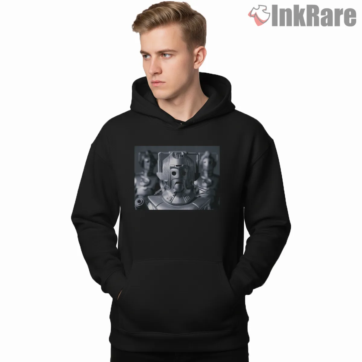 Cyberman Classic Black And White Sci Fi Portrait Hoodie Black Cyberman Classic Black And White Sci Fi Portrait Shirt on black hoodie for men graphic tee