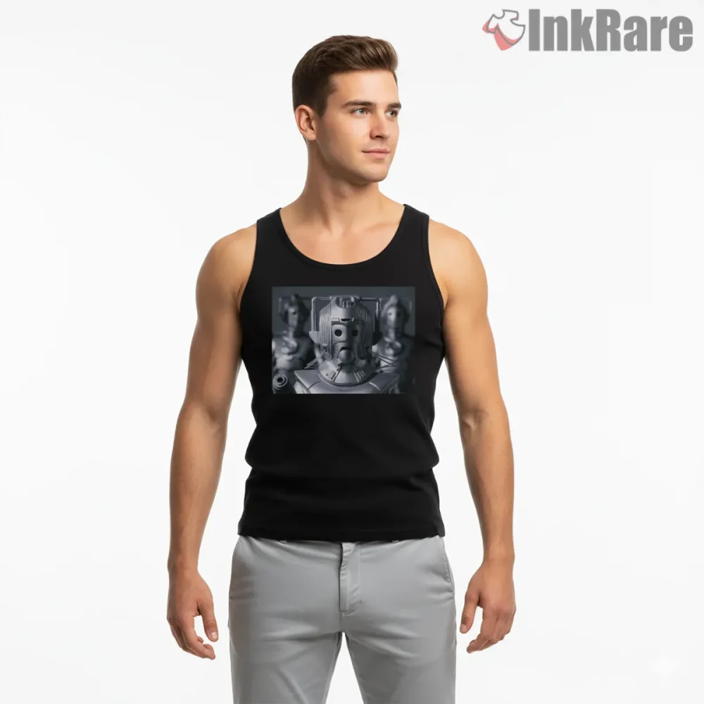 Cyberman Classic Black And White Sci Fi Portrait Shirt on black tank top for men graphic tee