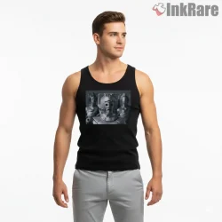 Cyberman Classic Black And White Sci Fi Portrait Shirt on black tank top for men graphic tee