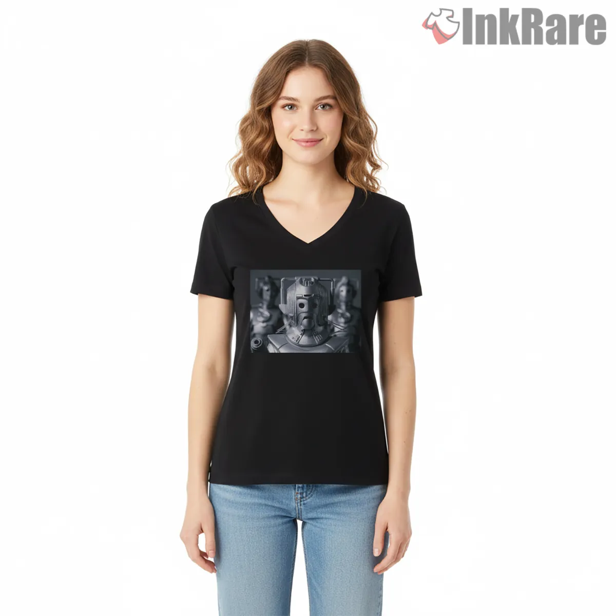 Cyberman Classic Black And White Sci Fi Portrait V Neck Black Cyberman Classic Black And White Sci Fi Portrait Shirt on black v-neck shirt for women graphic tee