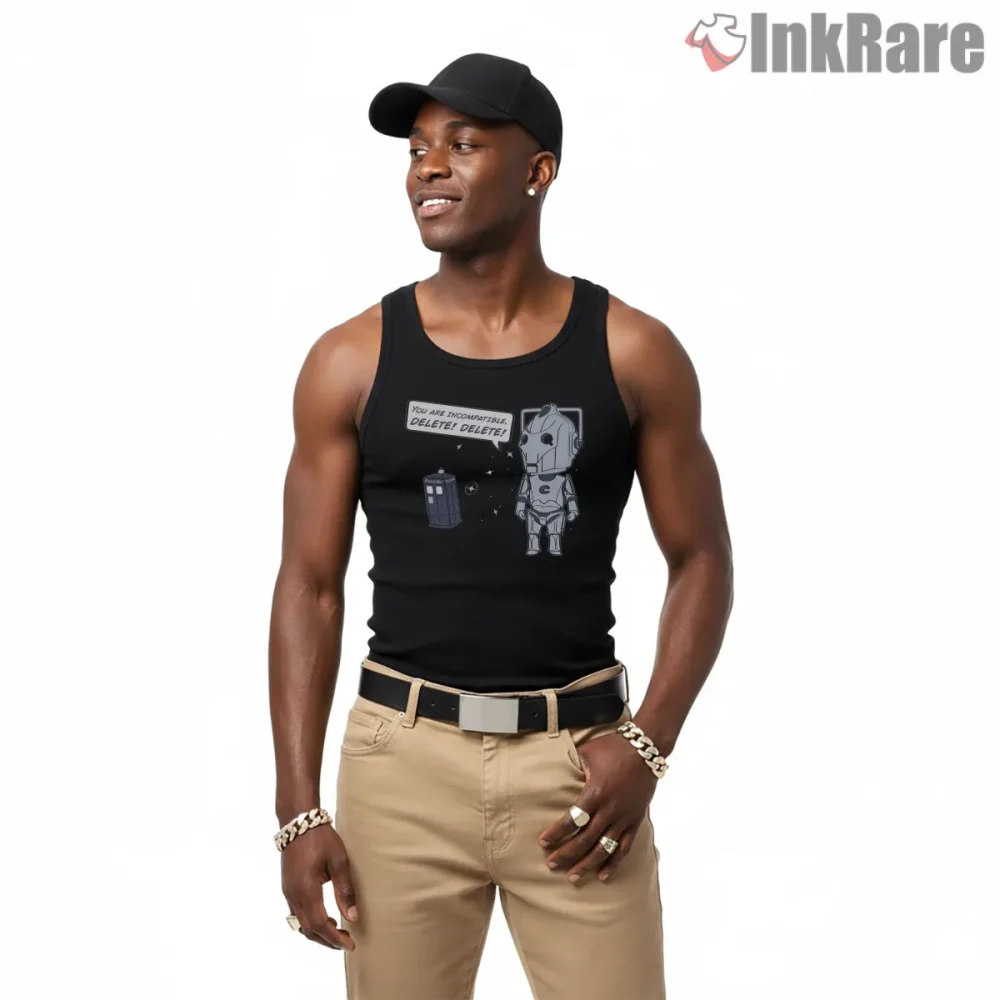 Cyberman Delete Delete Minimal Sci Fi Humor Shirt on black tank top for men graphic tee