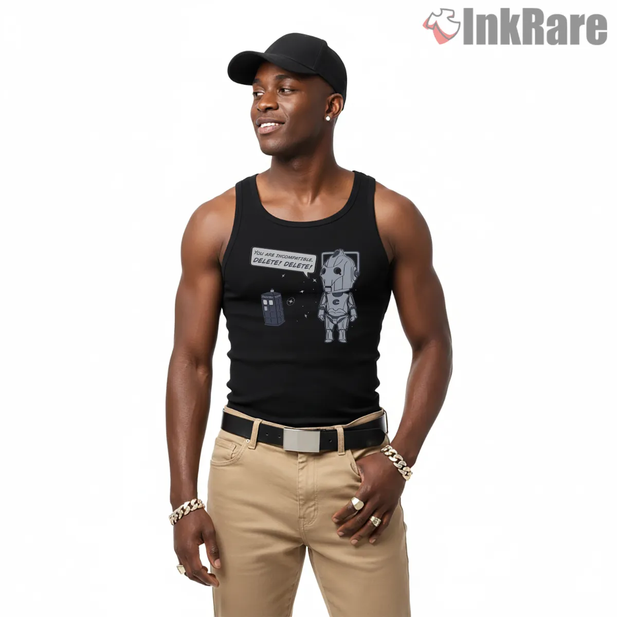 Cyberman Delete Delete Minimal Sci Fi Humor Tank Top Black Cyberman Delete Delete Minimal Sci Fi Humor Shirt on black tank top for men graphic tee