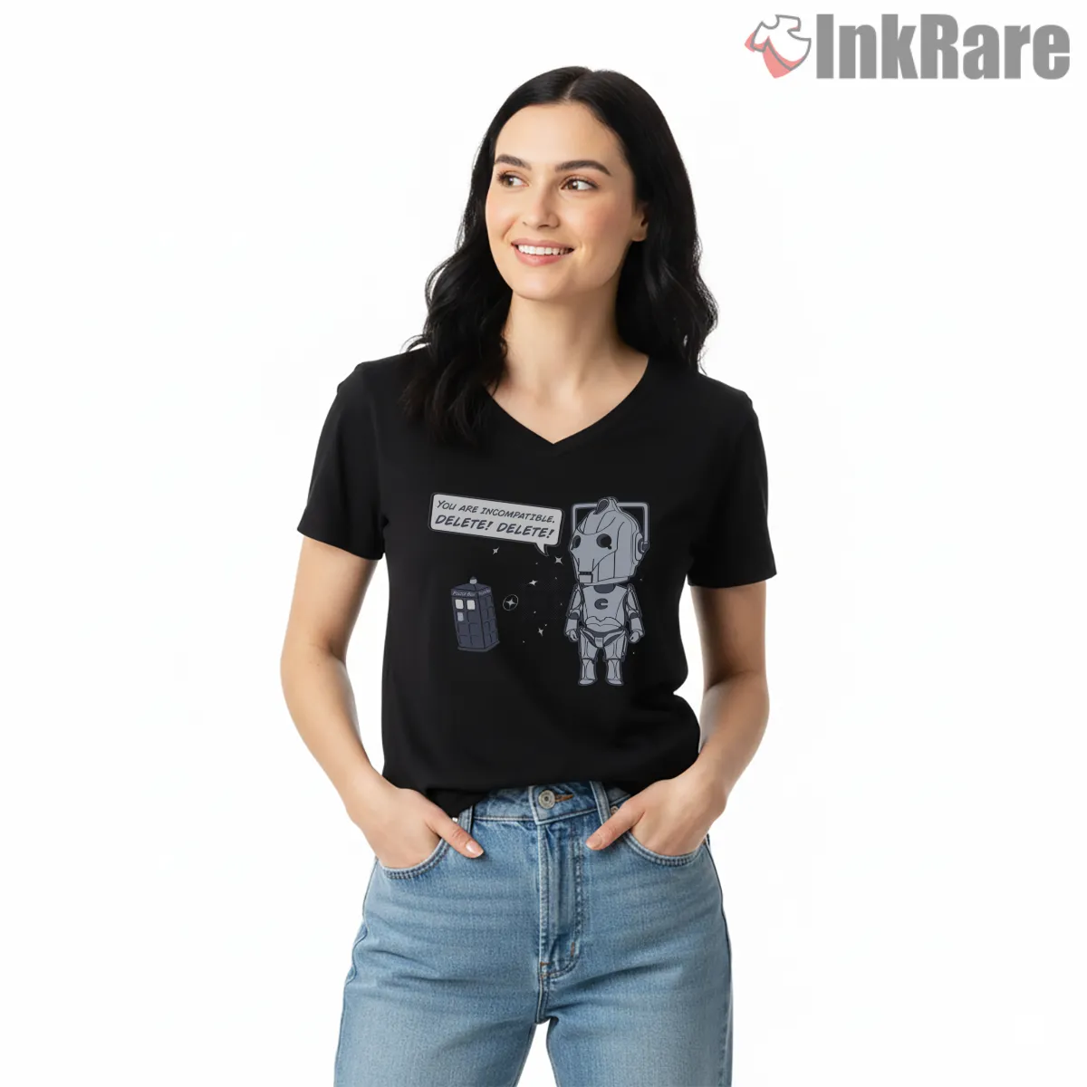 Cyberman Delete Delete Minimal Sci Fi Humor V Neck Black Cyberman Delete Delete Minimal Sci Fi Humor Shirt on black v-neck shirt for women graphic tee