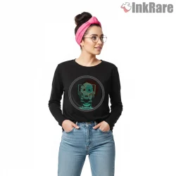 Cyberman Minimal Portrait Sci Fi Helmet Glow Shirt on black long sleeve shirt for women graphic tee