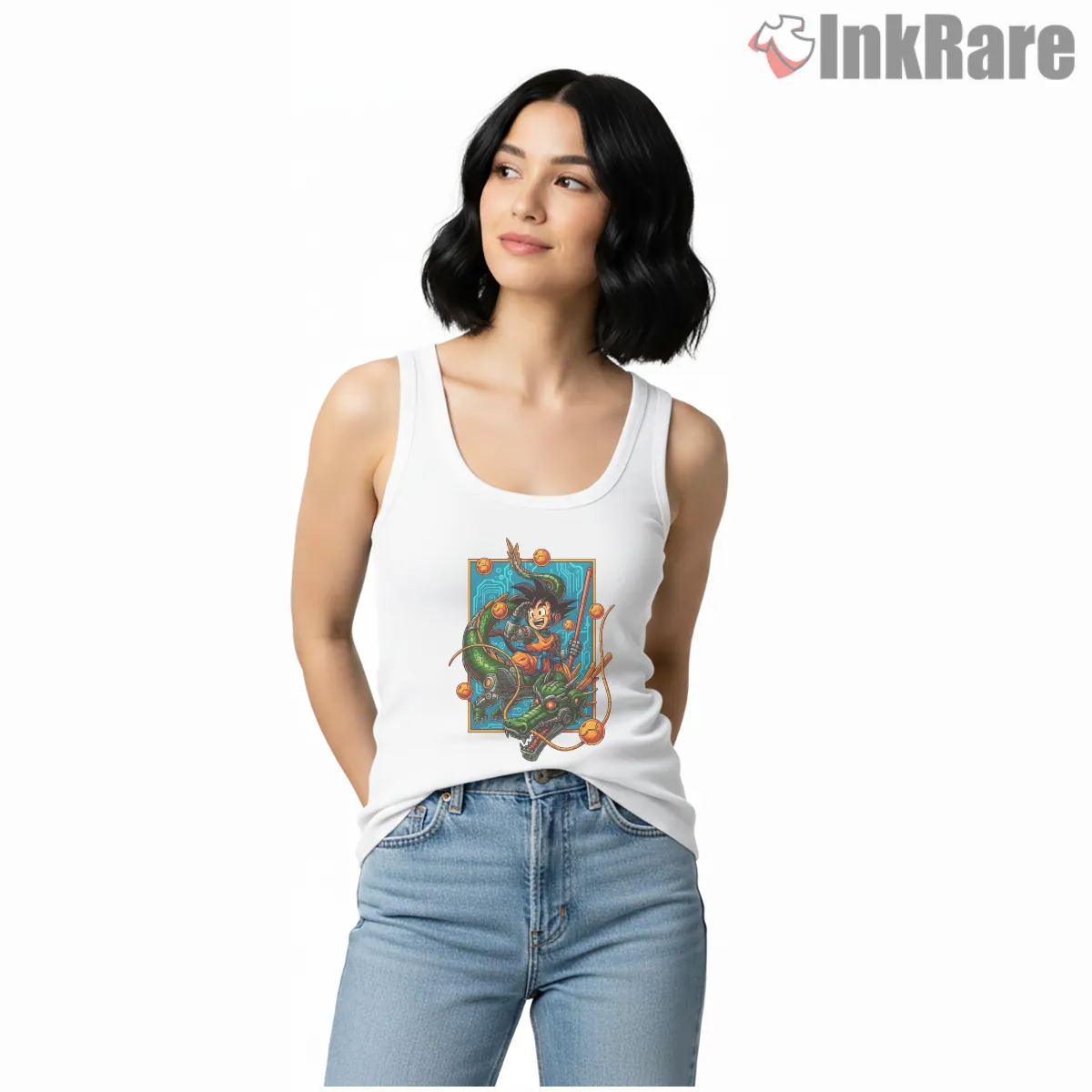 Cyborg Dragon Adventure Arcade Poster Tank Top White Cyborg Dragon Adventure Arcade Poster Shirt on white tank top for women graphic tee