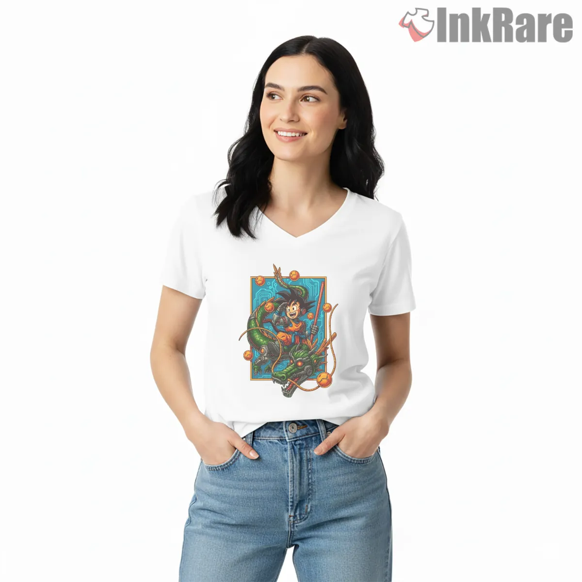 Cyborg Dragon Adventure Arcade Poster V Neck White Cyborg Dragon Adventure Arcade Poster Shirt on white v-neck shirt for women graphic tee