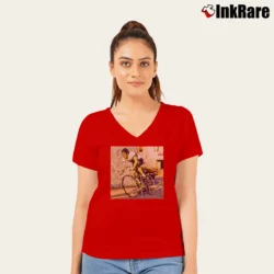 Women’s Cycling Legend Eddy Merckx for Road Racing Fans V-Neck Tee in red | Chic Neckline, Soft Texture