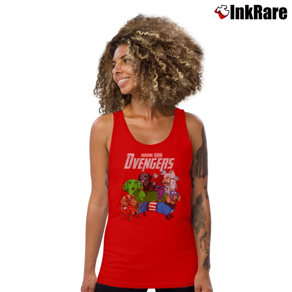 Women’s Dachshund Avengers Marvel Comic Parody Tank Top in red | Lightweight, Movement-Friendly