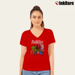 Women’s Dachshund Avengers Marvel Comic Parody V-Neck Tee in red | Chic Neckline, Soft Texture
