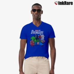 Men’s Dachshund Avengers Marvel Comic Parody V-Neck Tee in royal blue | Sharp, Breathable, Everyday Staple