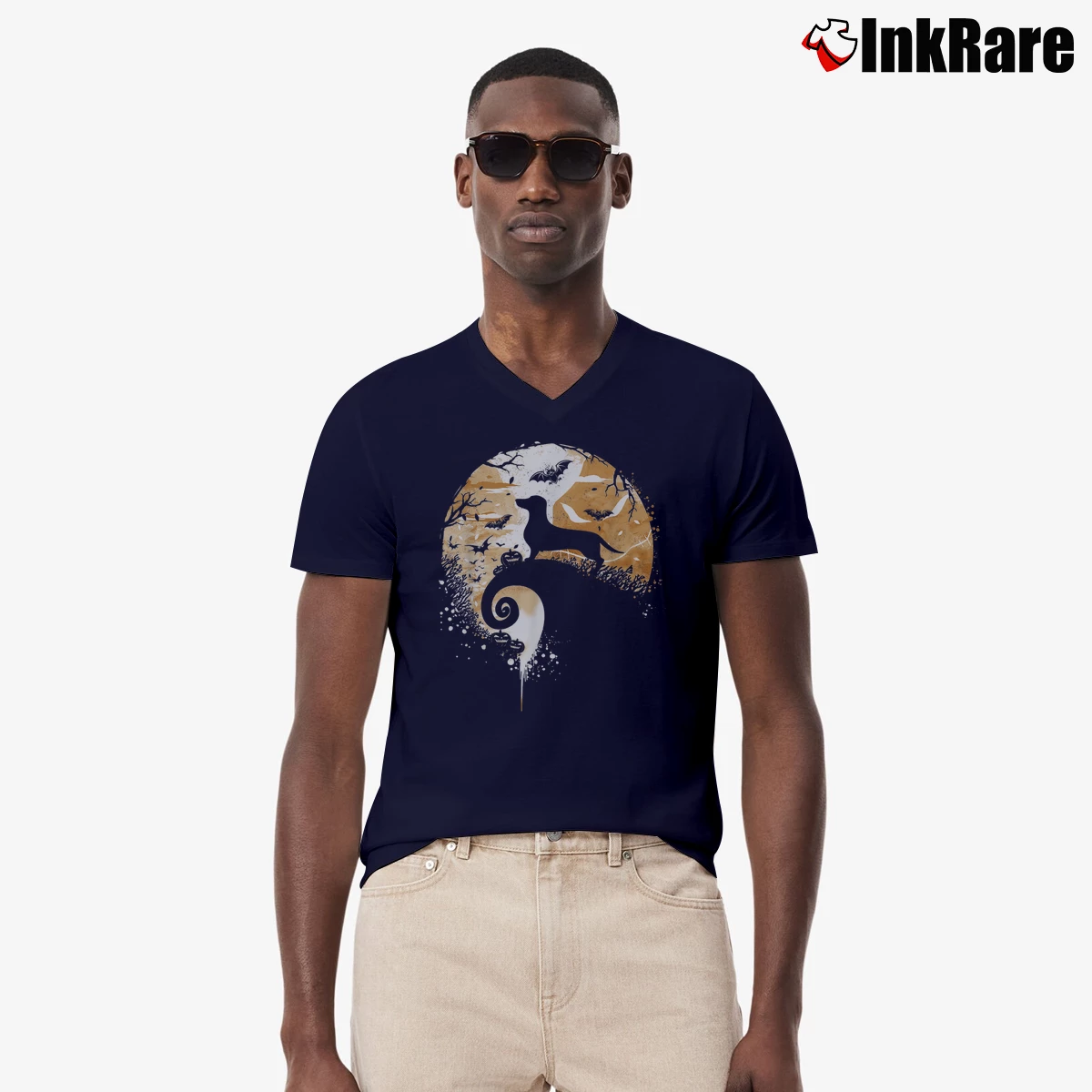 Men’s Dachshund In The Moon Halloween Pumpkin V-Neck Tee in navy | Sharp, Breathable, Everyday Staple