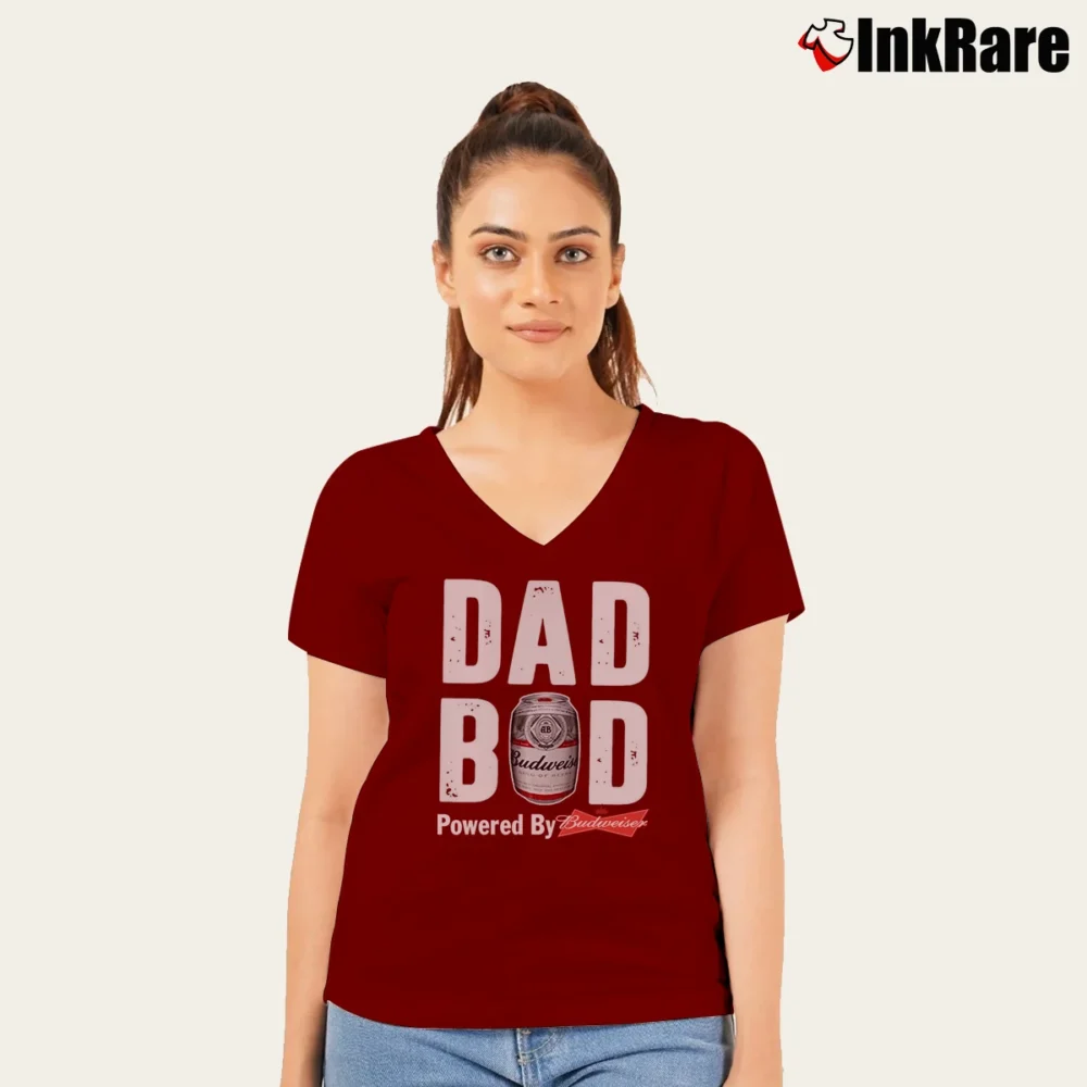Women’s Dad Bod Powered By Budweiser V-Neck Tee in maroon | Chic Neckline, Soft Texture