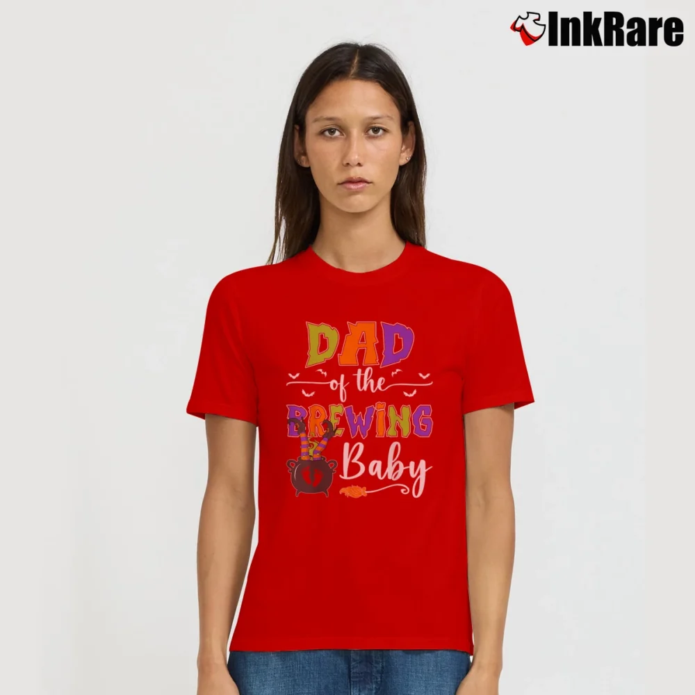 Women’s Dad Of The Brewing Baby Witch Baby Shower Halloween T-Shirt in red | Soft, Flattering Fit