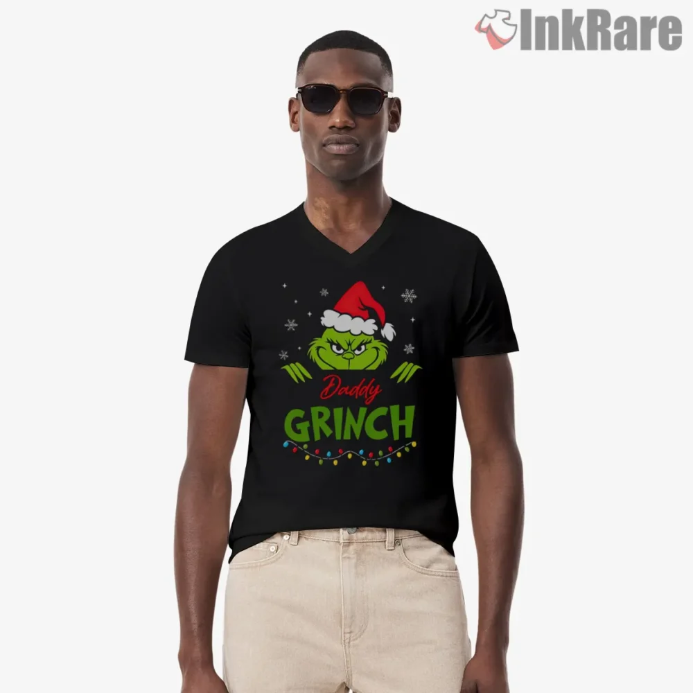 Daddy Grinch Matching Family Holiday Squad Shirt on black v-neck shirt for men graphic tee
