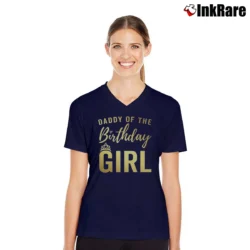 Women’s Daddy Of The Birthday Girl Golden V-Neck Tee in navy | Chic Neckline, Soft Texture