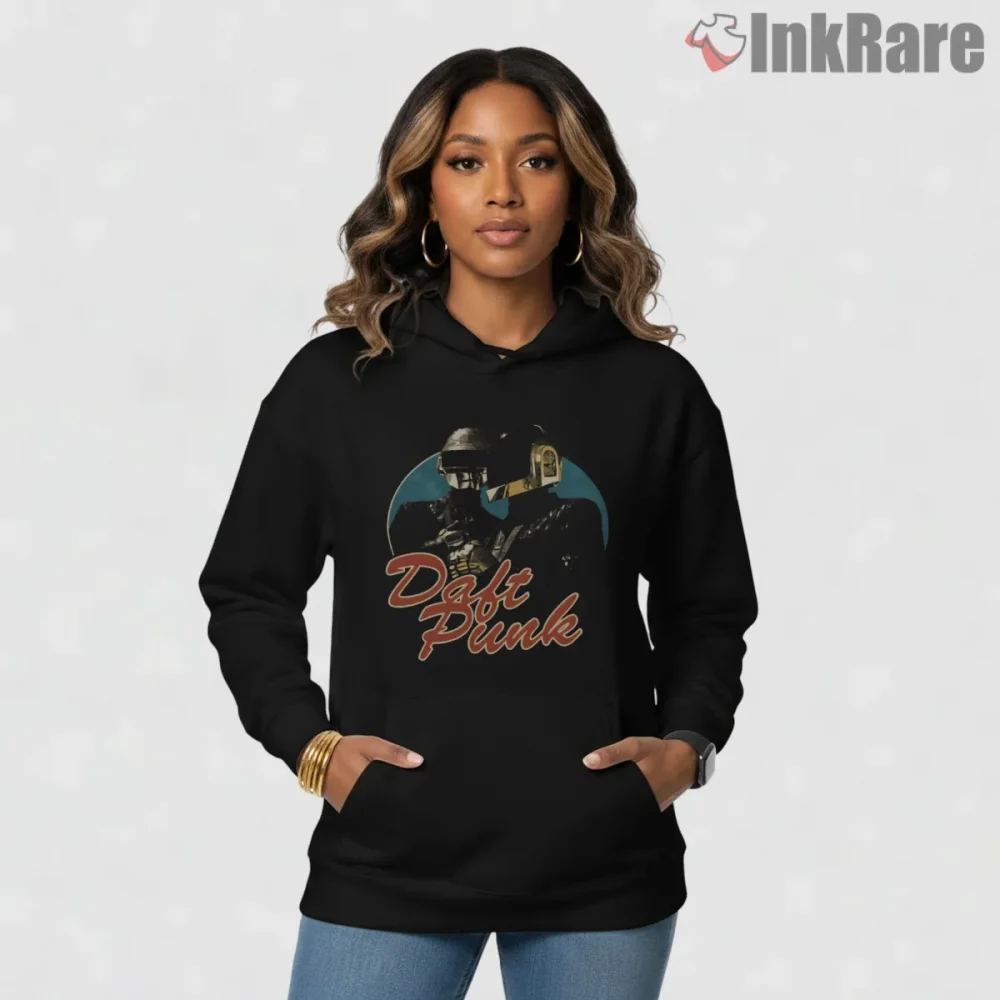 Daft Punk Cosmic Retro Disco Shirt on black hoodie for women graphic tee