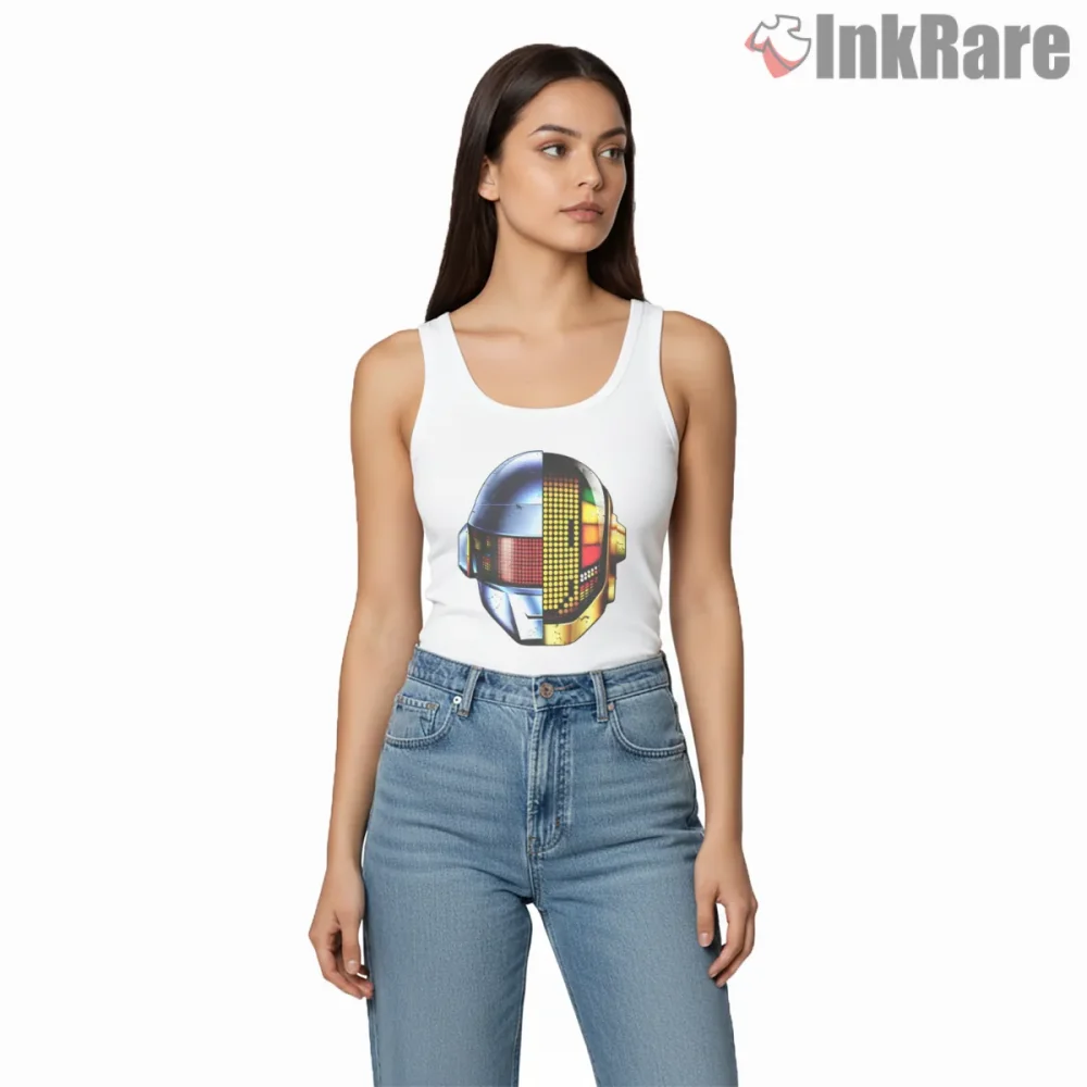 Daft Punk Discovery Helmet Neon Shirt on white tank top for women graphic tee