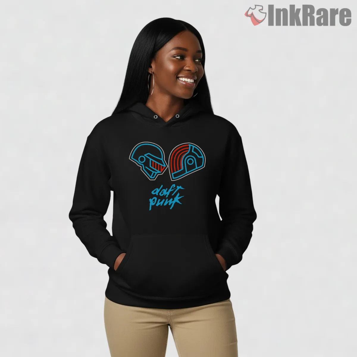 Daft Punk Neon Helmet Outline Shirt on black hoodie for women graphic tee
