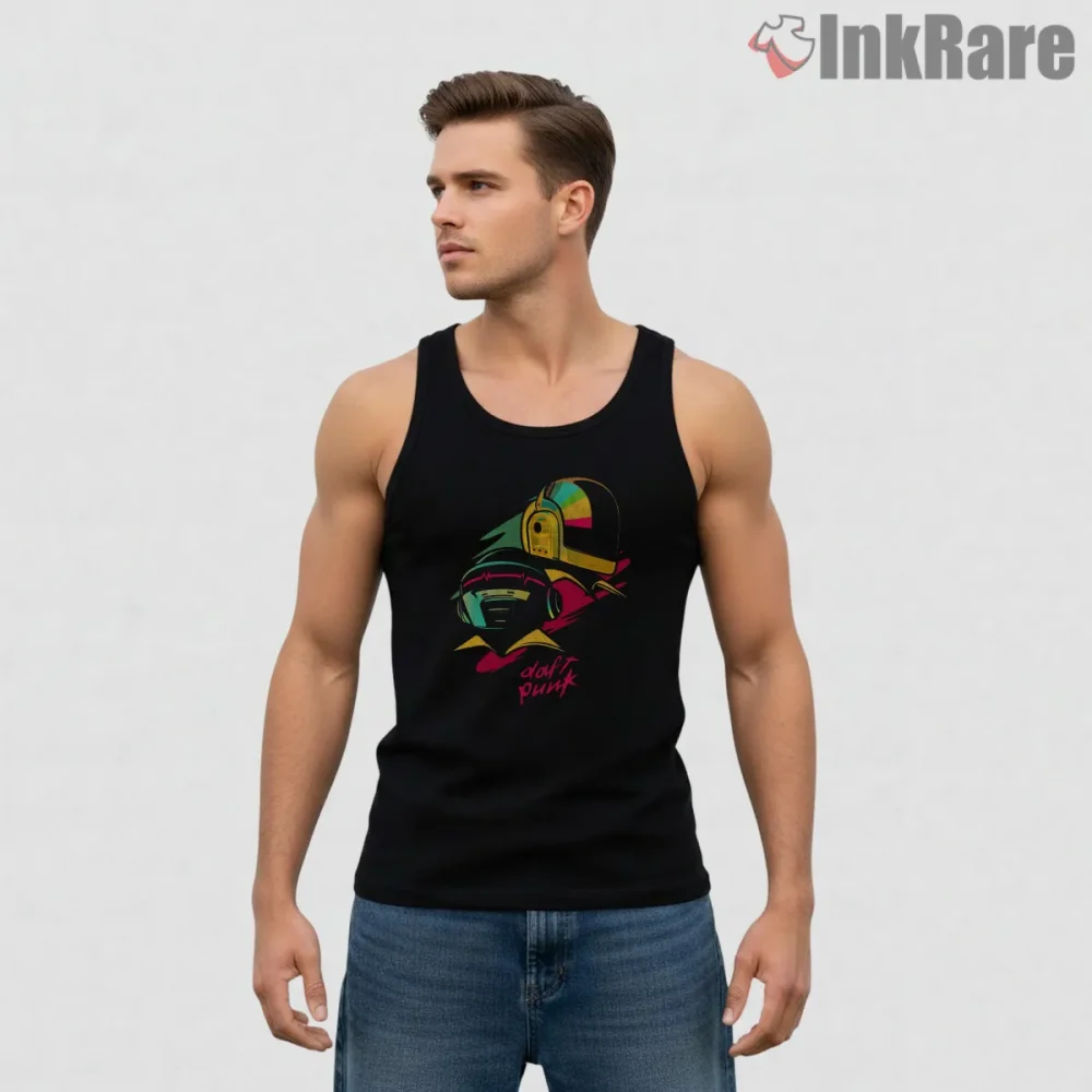 Daft Punk Neon Helmet Street Art Shirt on black tank top for men graphic tee