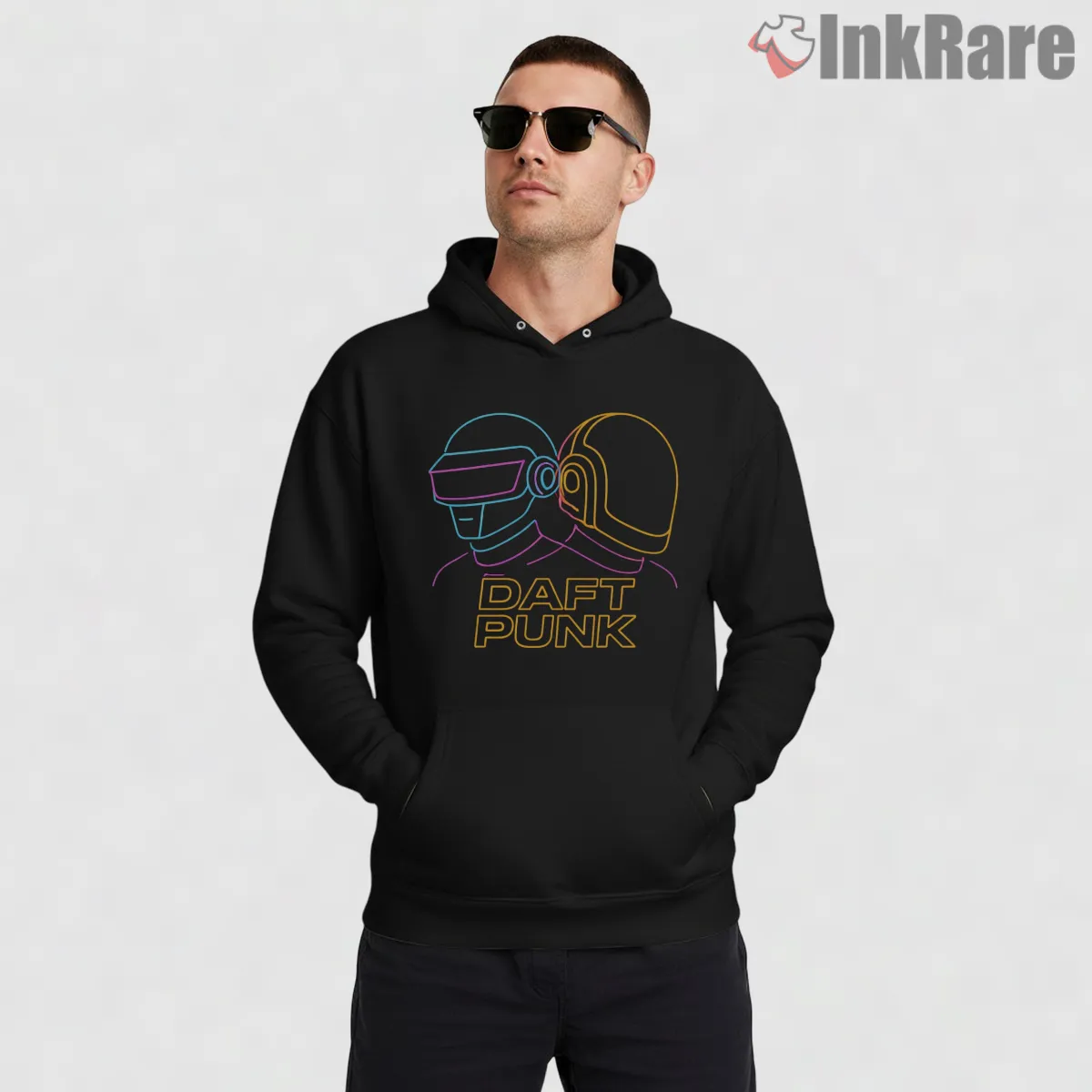 Daft Punk Neon Outline Retro Wave Shirt on black hoodie for men graphic tee